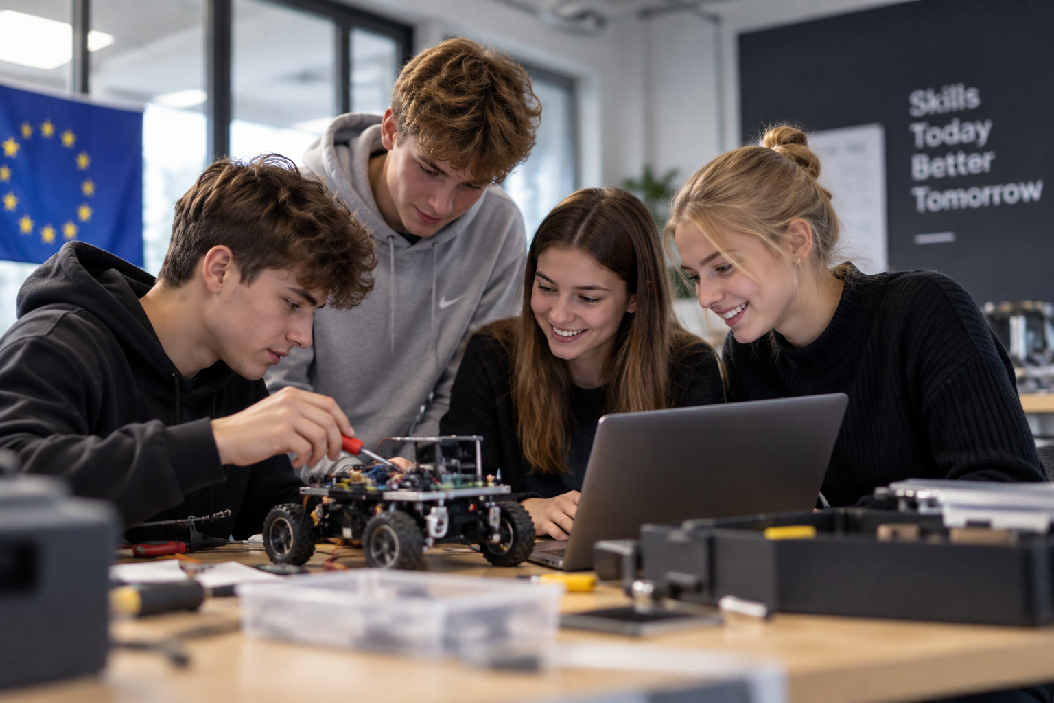 European vocational students working together on a technical robotics project during an internship